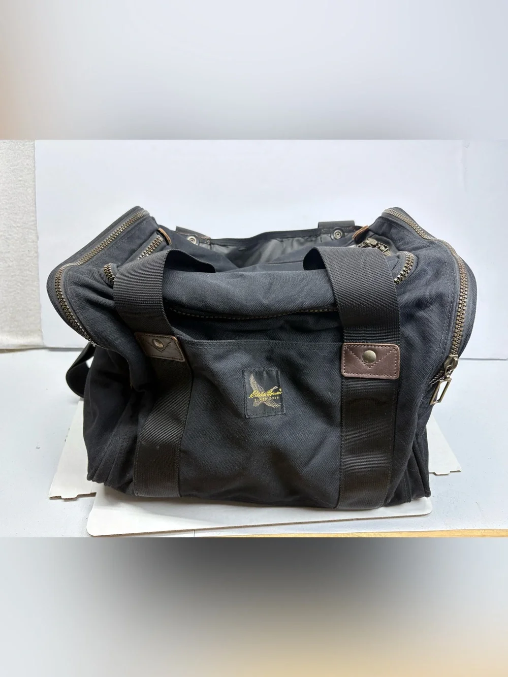 Vintage Eddie Bauer Carry On Duffel Gym Bag Luggage Black Canvas w/ Leather Trim